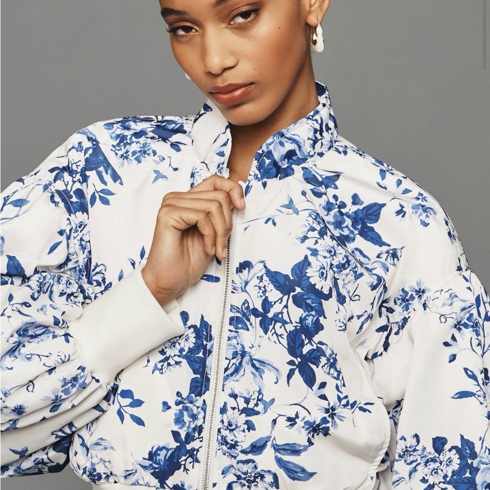 Anthropologie Cropped Floral Bomber Jacket